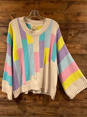 Wildfox Cream Multicolor Block-Stripe Women's Cotton Sweater Bell Sleeve XSmall